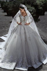 Glamorous Long Sleeves Tulle Appliques Wedding Dress Bridal Ball Gowns