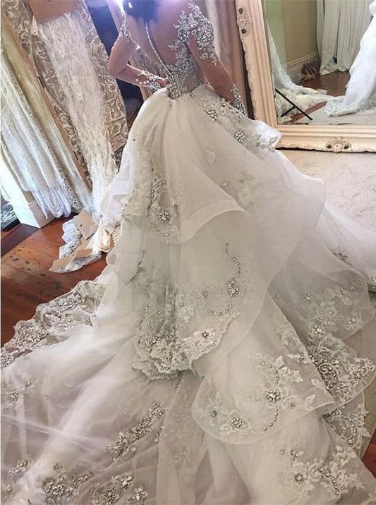 Long Sleeves Tulle High Neck Wedding Dress Appliques Bridal Dress With Panel Train