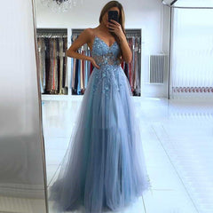 Glamorous V Neck Spaghetti Straps Tulle Prom Dress Beadings Long Evening Gowns