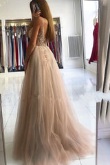 Glamorous V Neck Spaghetti Straps Tulle Prom Dress Beadings Long Evening Gowns