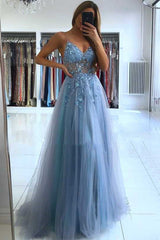 Glamorous V Neck Spaghetti Straps Tulle Prom Dress Beadings Long Evening Gowns