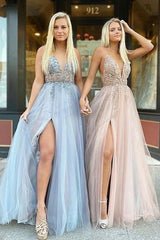 Glamorous V Neck Spaghetti Straps Tulle Prom Dress Beadings Long Evening Gowns