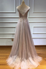 Glamorous V Neck Spaghetti Straps Tulle Prom Dress Beadings Long Evening Gowns