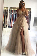 Glamorous V Neck Spaghetti Straps Tulle Prom Dress Beadings Long Evening Gowns