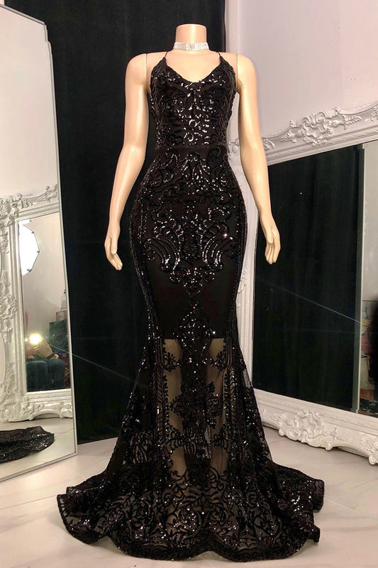 Gorgeous Halter V Neck Sleeveless Mermaid Prom Dress Sequins Long