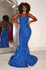 Gorgeous Halter V Neck Sleeveless Mermaid Prom Dress Sequins Long