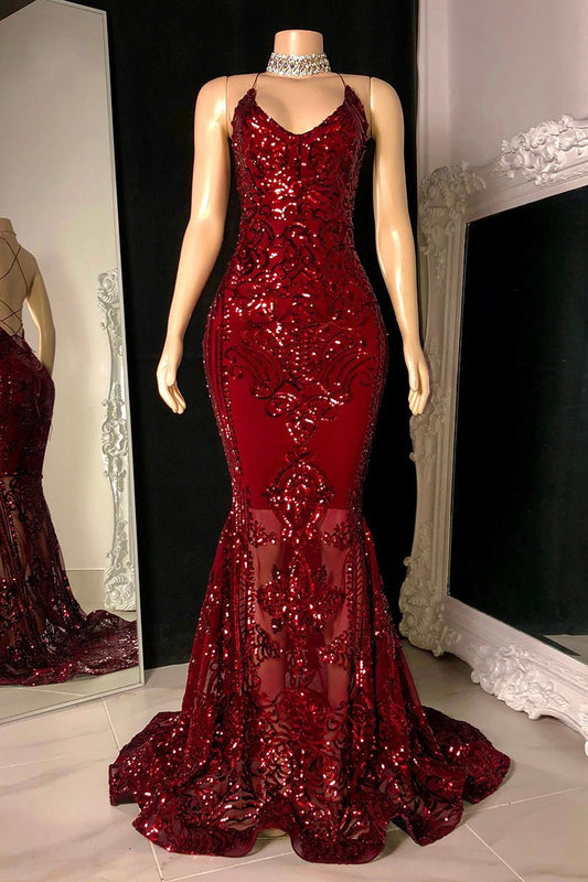 Gorgeous Halter V Neck Sleeveless Mermaid Prom Dress Sequins Long