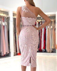 Gorgeous One Shoulder Lace Sheath Prom Dress With Crystal