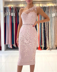 Gorgeous One Shoulder Lace Sheath Prom Dress With Crystal