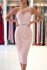 Gorgeous One Shoulder Lace Sheath Prom Dress With Crystal