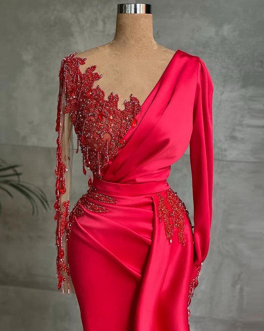 Gorgeous Red Long Sleeve Mermaid Prom Dress Lace Appliques Prom Gown Ruffles