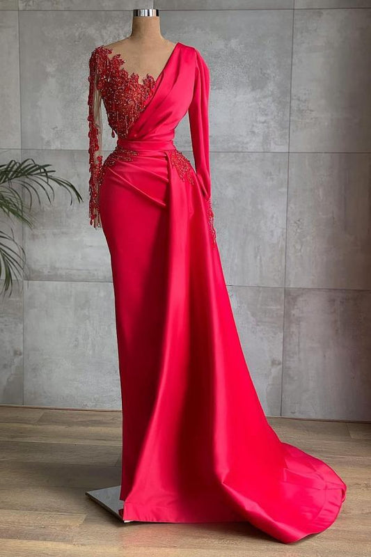 Gorgeous Red Long Sleeve Mermaid Prom Dress Lace Appliques Prom Gown Ruffles