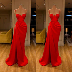 Gorgeous Spaghetti Strap Unique Round Cup High Split Red Prom Dress