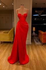 Gorgeous Spaghetti Strap Unique Round Cup High Split Red Prom Dress