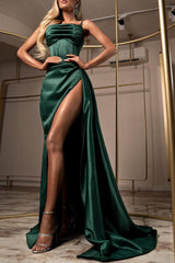 Gorgeous Spaghetti Straps Dark Green Prom Dress Long With Slit