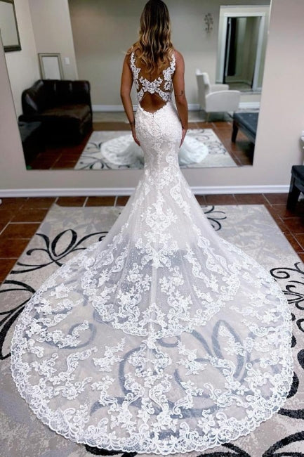 Ivory Wedding Dress Spaghetti Straps Mermaid Tulle Bridal Dress with Appliques