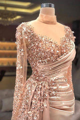 High Neck Mermaid Long Sleeves Lace Sequined Floor Length Long Sleeve With Side Train Prom Dress