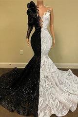 Hot Half Black Half White One Shoulder Long Sleeves Mermaid Prom Dress