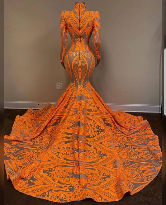 Hot Orange High Neck Long Sleeves Mermaid Sequin Prom Dress