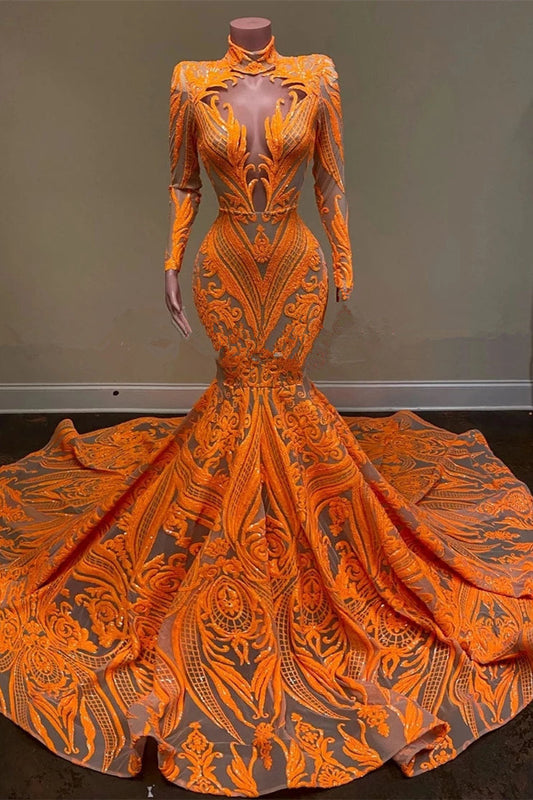 Hot Orange High Neck Long Sleeves Mermaid Sequin Prom Dress