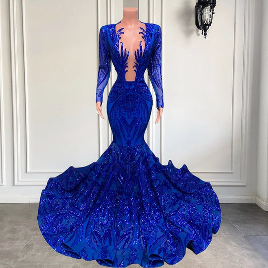 Hot Sparkle Royal Blue Sequin Long Sleeves Mermaid Prom Dress