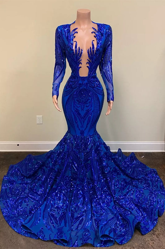 Hot Sparkle Royal Blue Sequin Long Sleeves Mermaid Prom Dress