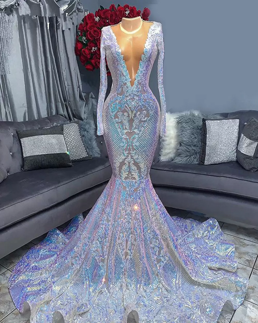 Hot Sparkle Sequin V Neck Long Sleeves Mermaid Prom Dress