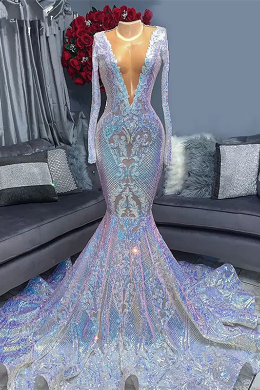 Hot Sparkle Sequin V Neck Long Sleeves Mermaid Prom Dress