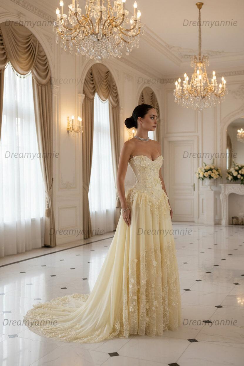 Yellow Lace A Line Prom Dress Sweetheart Lace Appliqued Formal Evening Dress with 3D Flowers