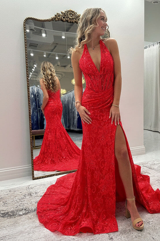 Dreamyannie Halter Pink Prom Dress Long Lace Formal Dress With Slit