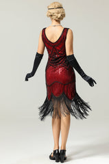 Red and Black Deep V-Neck Flapper Dress