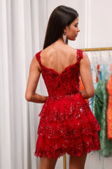 Red Sparkly Corset Tiered Lace A-Line Graduation Dress