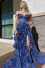 Blue Prom Dress Off The Shoulder Tiered Lace Evening Dress