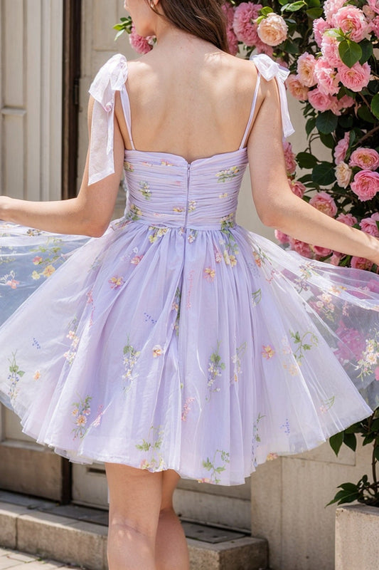 Lilac Bowknots A-Line Short Graduation Dress with Embroidery