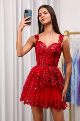 Red Sparkly Corset Tiered Lace A-Line Graduation Dress