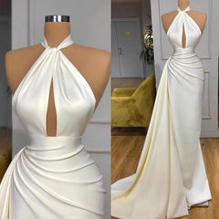 Ivory Halter Long Prom Dress With Split Detachable Train