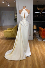 Ivory Halter Long Prom Dress With Split Detachable Train