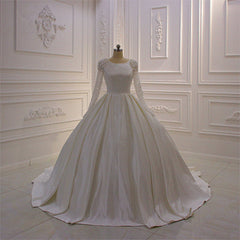 Ivory Wedding Dress Long Sleeves Jewel Neck Ball Gown Bridal Dress