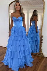 A Line Blue Strapless Tiered Corset Long Prom Dress