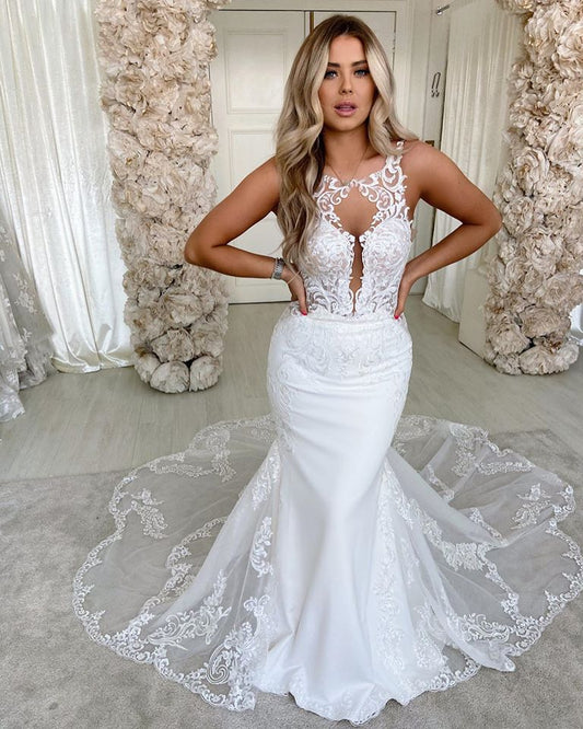 Lace Mermaid Wedding Dress Appliques Tulle Wedding Dress