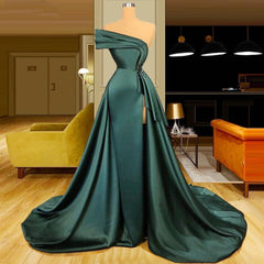 Long Dark Green Satin Prom Dress Elegant Split Evening Gowns