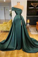 Long Dark Green Satin Prom Dress Elegant Split Evening Gowns