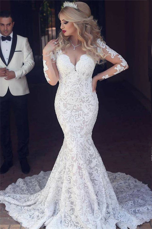 Ivory Long Sleeves Mermaid Lace Wedding Dress Open Back V Neck Bridal Gown