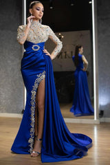 Long Sleeves Royal Blue High Split Sparkle Beaded Prom Dress