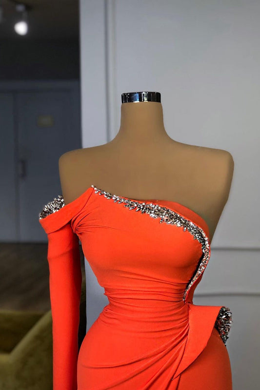 Long Sleeves Strapless Orange Sequined Long Prom Dress