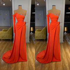 Long Sleeves Strapless Orange Sequined Long Prom Dress