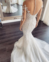 Ivory Wedding Dress Long Sleeves V Neck Lace Mermaid Tulle Bridal Dress