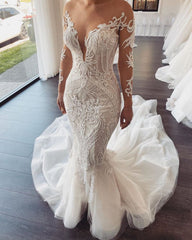 Ivory Wedding Dress Long Sleeves V Neck Lace Mermaid Tulle Bridal Dress