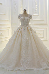 Luxurious Ball Gown Long Sleeves Lace Applqiues Beaded Wedding Dress