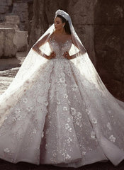 Gorgeous Ivory Wedding Dress Tulle Beaded Bridal Dress with 3D Flowers